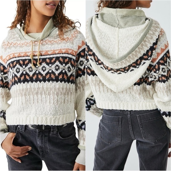 Free People Hoodie Inverness Pullover Sweater Cropped Long Sleeve Oatmeal S - Picture 2 of 12